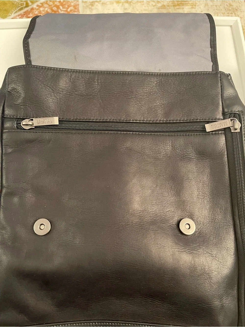 Kenneth Cole Reaction Black Leather Backpack with Buckle Pocket